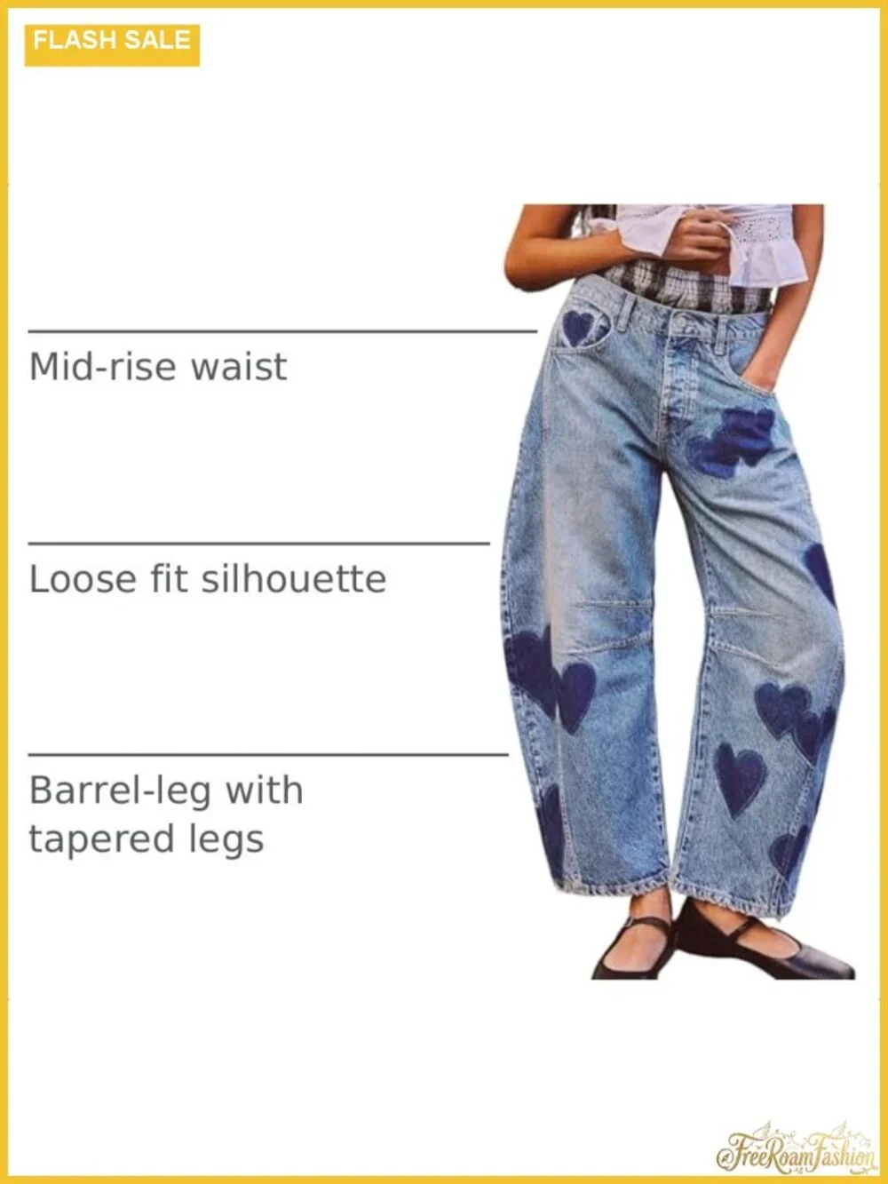 Women Baggy Mid Rise Barrel Jeans Wide Leg Floral Y2k Denim Pants Boyfriend